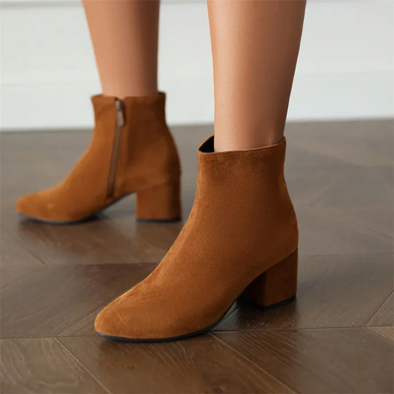 YMECHIC 2025 Autumn Rome Ankle Boots Women Thick High Heels Pointed Toe Black Brown Flock Leather Shoes for Lady Plus Size 44 45