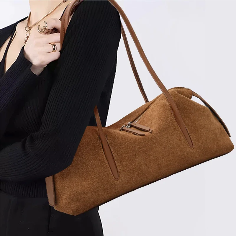 Aidrani Suede Cowhide Shoulder Bag for Women, 2026 New Large Capacity Underarm Handbag, Retro Long Tote Bag for Daily Commute
