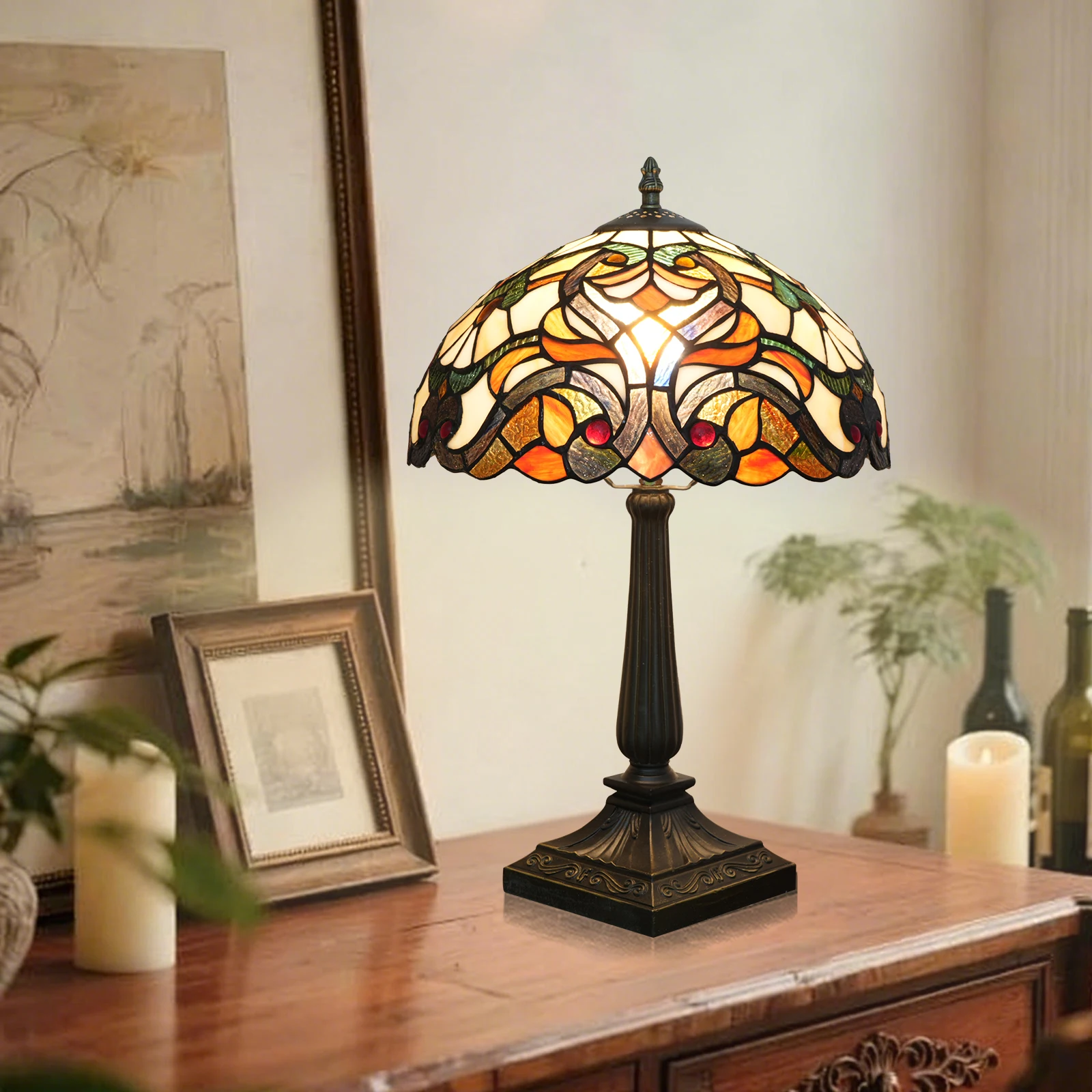 Tiffany Lamp Red Baroque Style Stained Glass Lamp 12" Vintage Bedroom Table lamp Reading Desk Light for Home Living Room Office