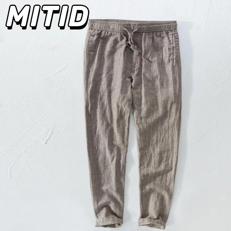 Japanese Retro Striped Pants Man Breathable Summer Pants Men Pure Linen Straight Pants Elastic Waist Drawstring Trousers Casual
