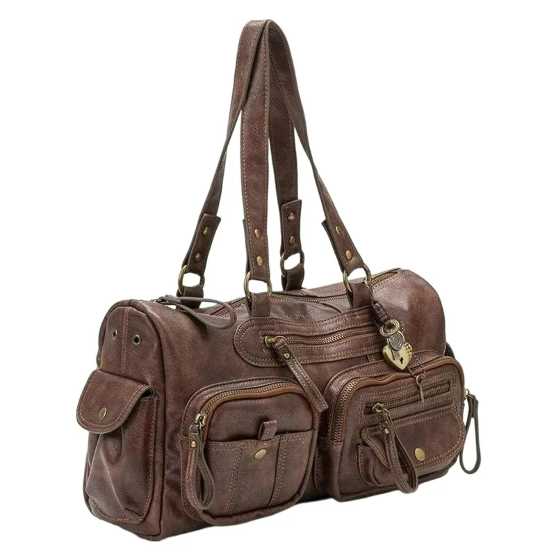 Fashionable, Luxurious and High-quality PU Leather Handbag, Retro Multi-pocket Zipper Tote Bag, New Metal Rivet Underarm Bag