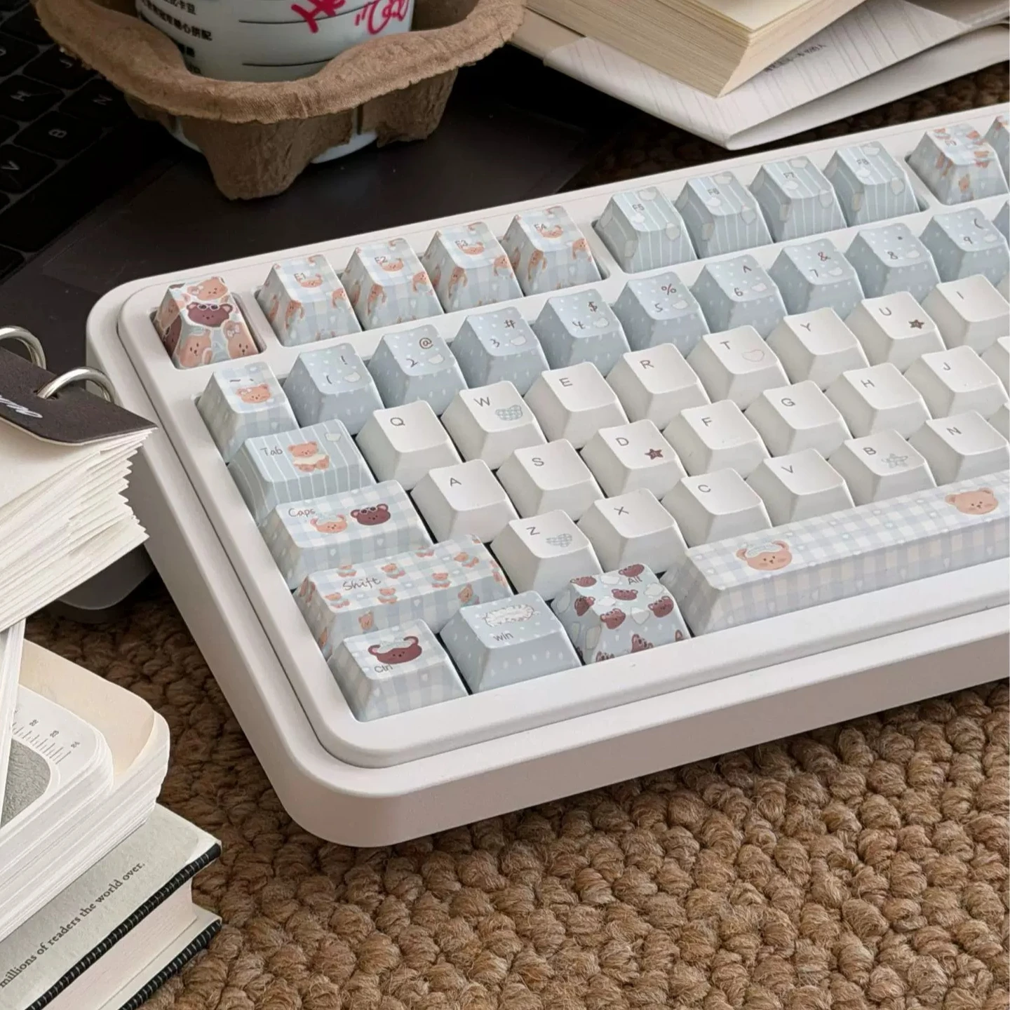 MAIMOOO Creamy Little Bear Keycap Cherry Profile PBT Thermal Sublimation Custom Blue White Cute Keycaps for Mechanical Keyboard