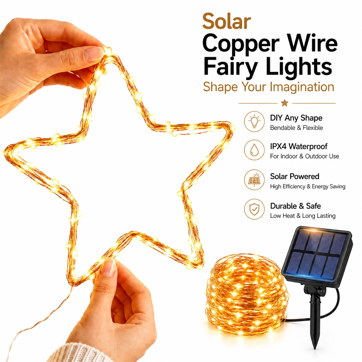 Solar String Lights Copper Wire Fairy Lights Solar Powered Outdoor Waterproof 8 Modes for Garden Party Christmas Halloween Decor