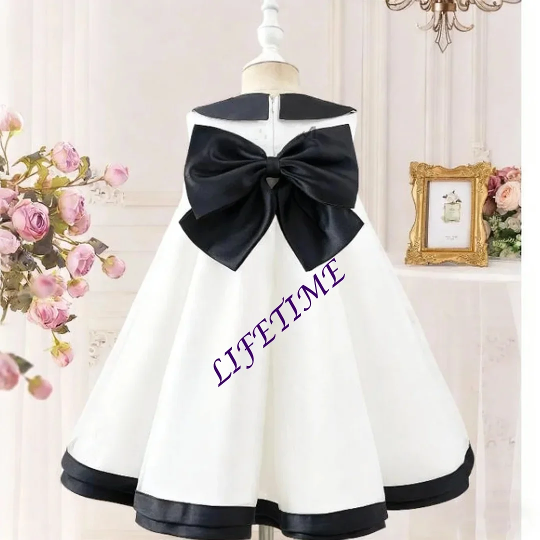 Korean Style Girls Customized Party Dress Tulle Bow Collar Flower Girl Gown Kids First Birthday Clothes Specialized Costume