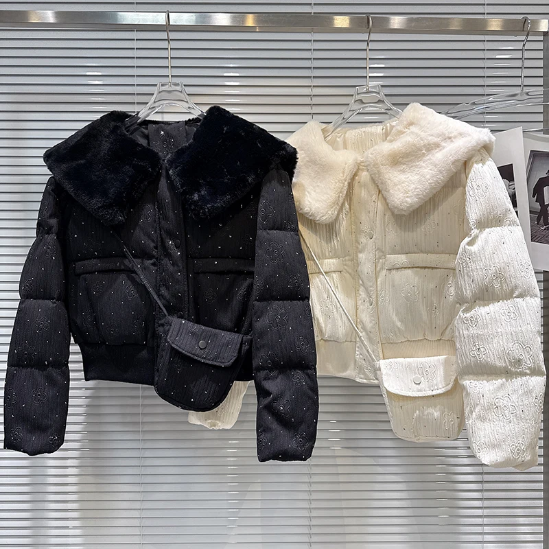 Sweet temperament plush lapel collar embossed rhinestone crossbody bag cotton jacket women's 2025 winter new cotton jacket