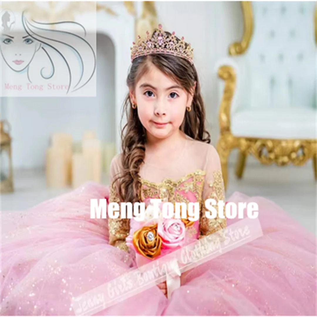 Customized Puffy Gold Appliques Glitter Christmas Girls Dress For First Communion Party Birthday Official Events