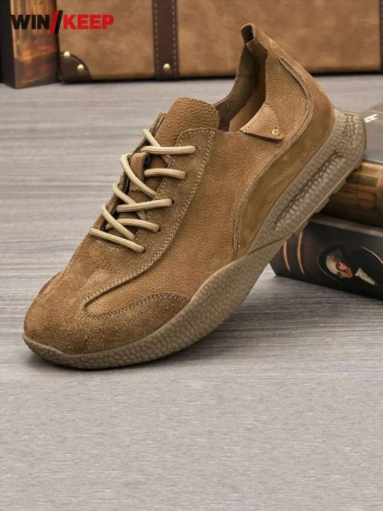 Breathable Mens Lace Up Genuine Leather Outdoors Running Shoes Patchwork Low Cut Sneakers Sportswear Trainers Jogging Skateboard