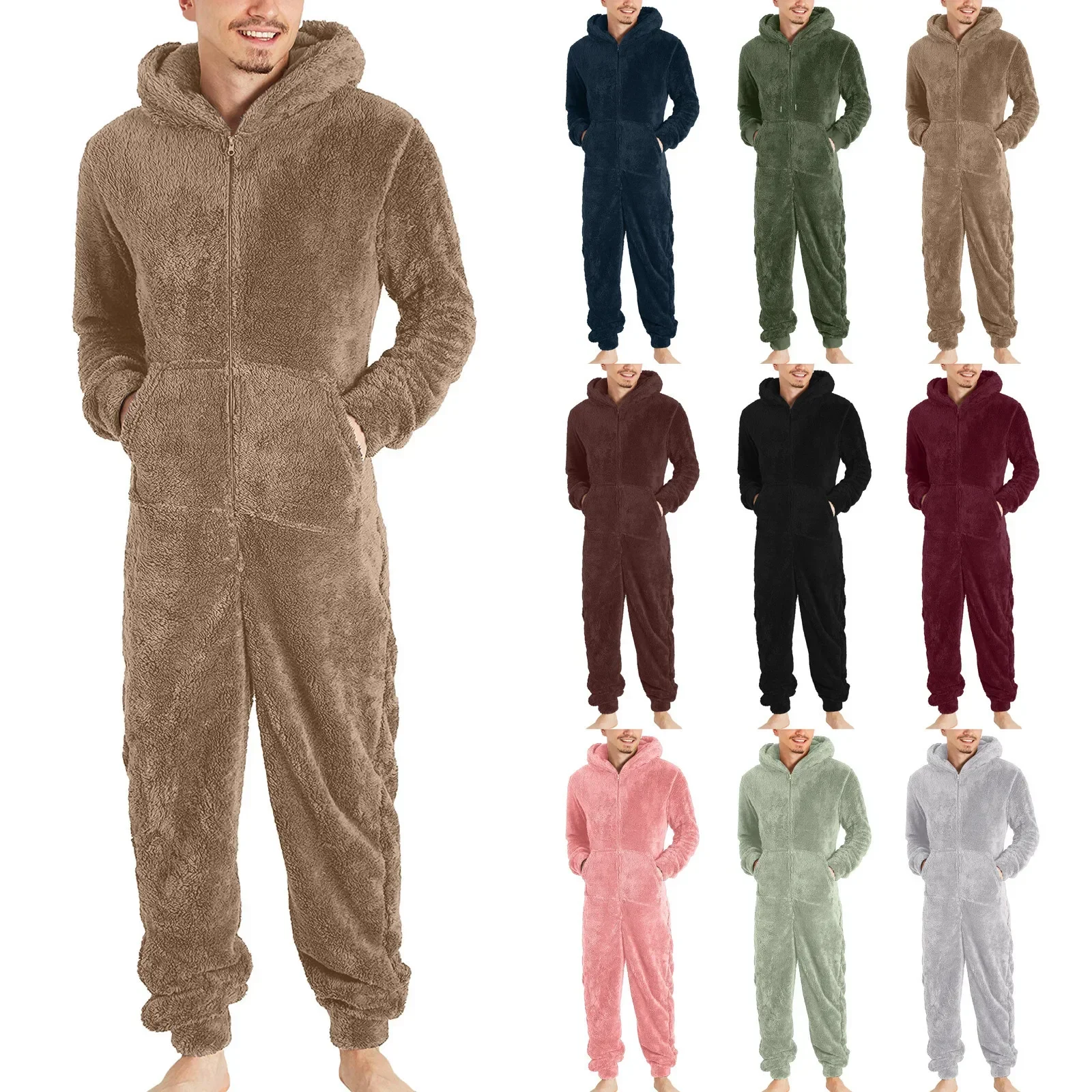 Christmas Winter Warm Pajamas Men's Plush Zipper Jumpsuit Fluffy Hooded Pajamas One Piece Sleeping Casual Pajamas Jumpsuit