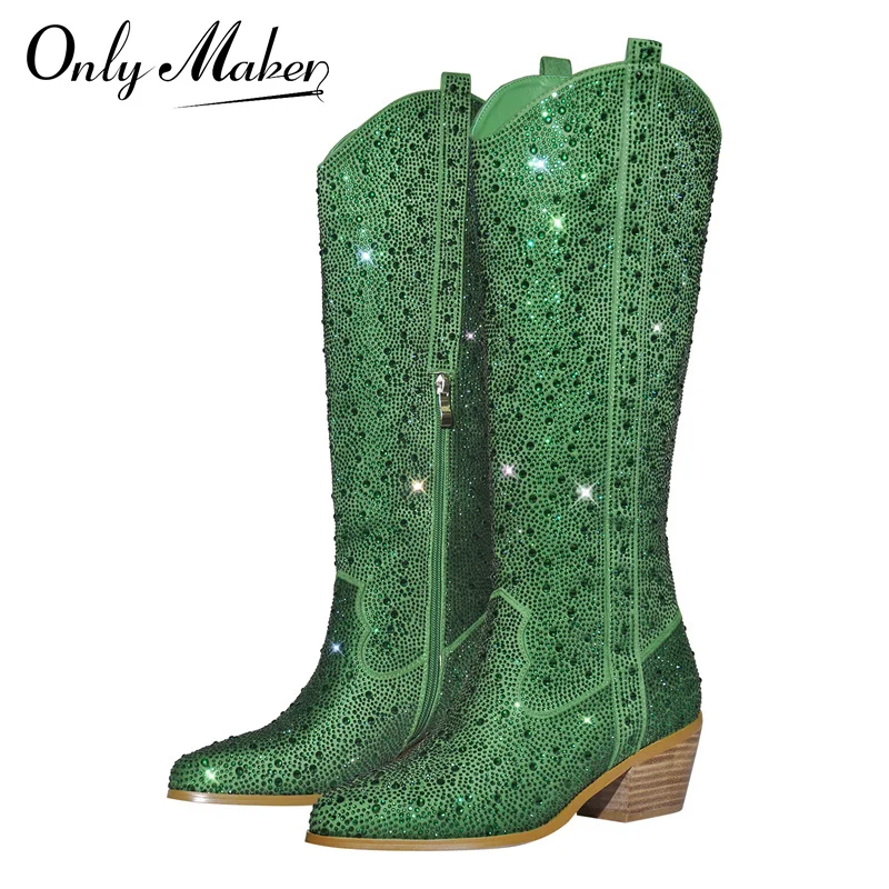 Onlymaker Women Rhinestone Green Knee High Boots Western Cowboy Boots Clear Glitter Bling Shiny Pointed Toe Block Heel Boots