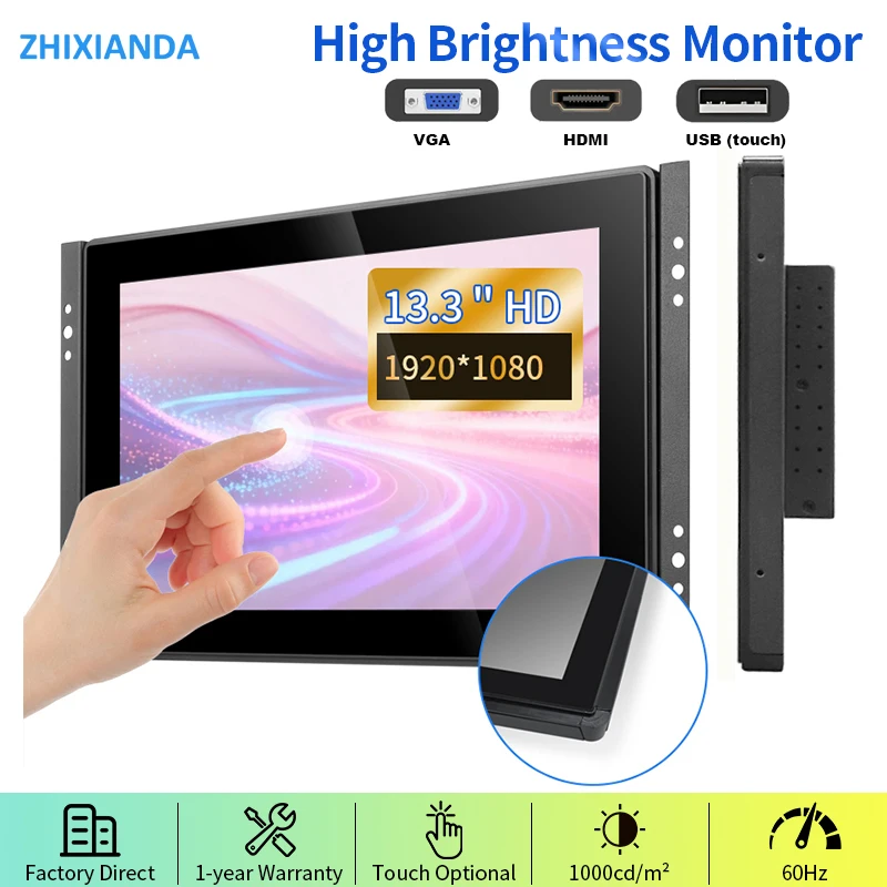 High Brightness 1000 Nits 13.3 Inch 1920*1080 Flat True Capacitive Touch Screen Monitor Open Frame Industrial Waterproof Display