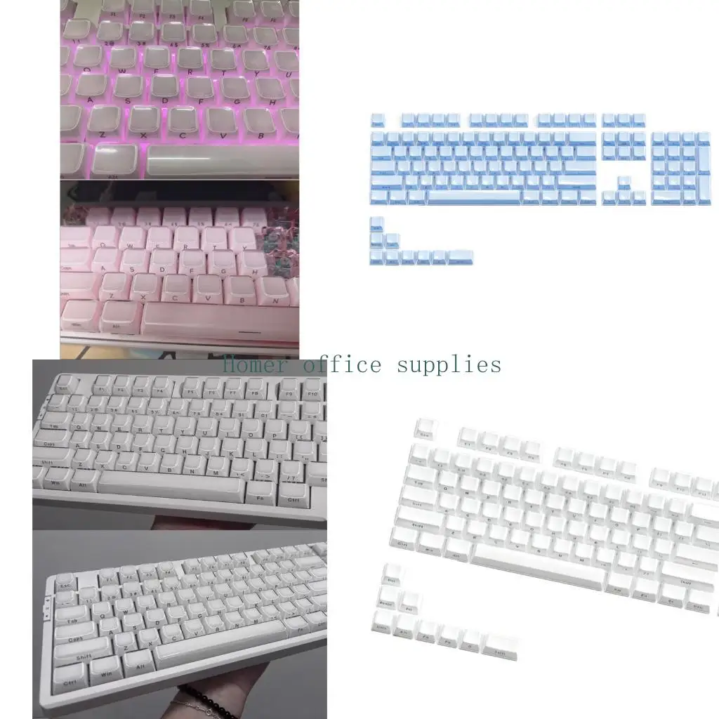 K43B Crystal Jelly Keyboard Keycap Set with Front Print Detail, OEM Profile Mixed Material Build, 113-Key for Desk Styling Use