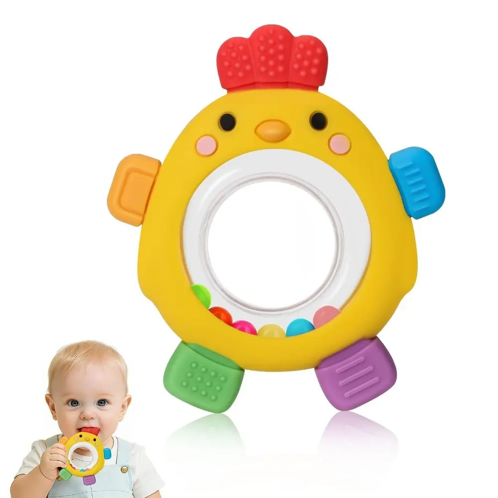 Cute Silicone Baby Teether Chick-shaped with Rattle Teething Rings Soothing Easy Grip Design Sensory Toy 3-12 Months