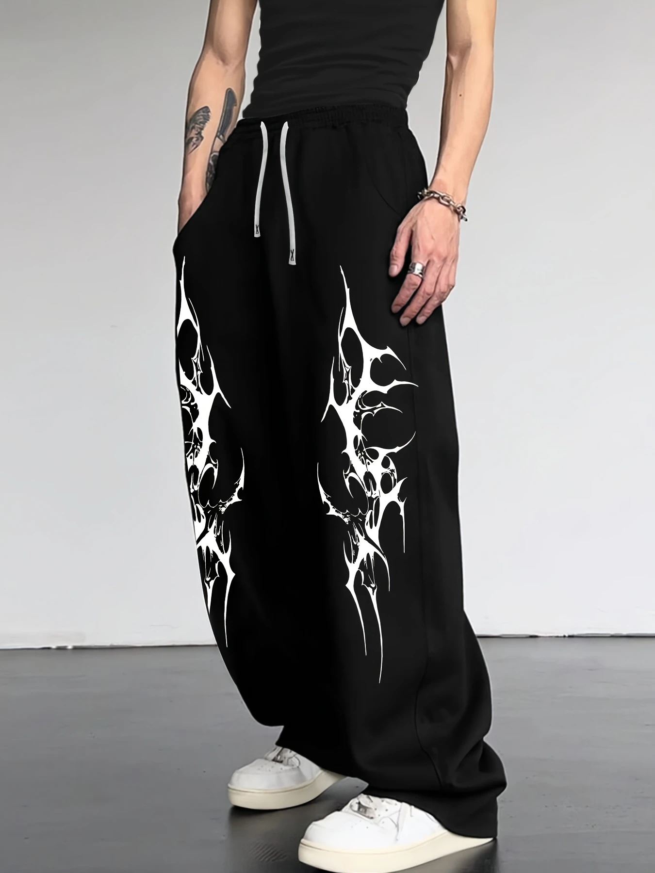 Gothic Tattoo Print Men'S Casual Athletic Loose Straight Long Trousers, Spring New Style