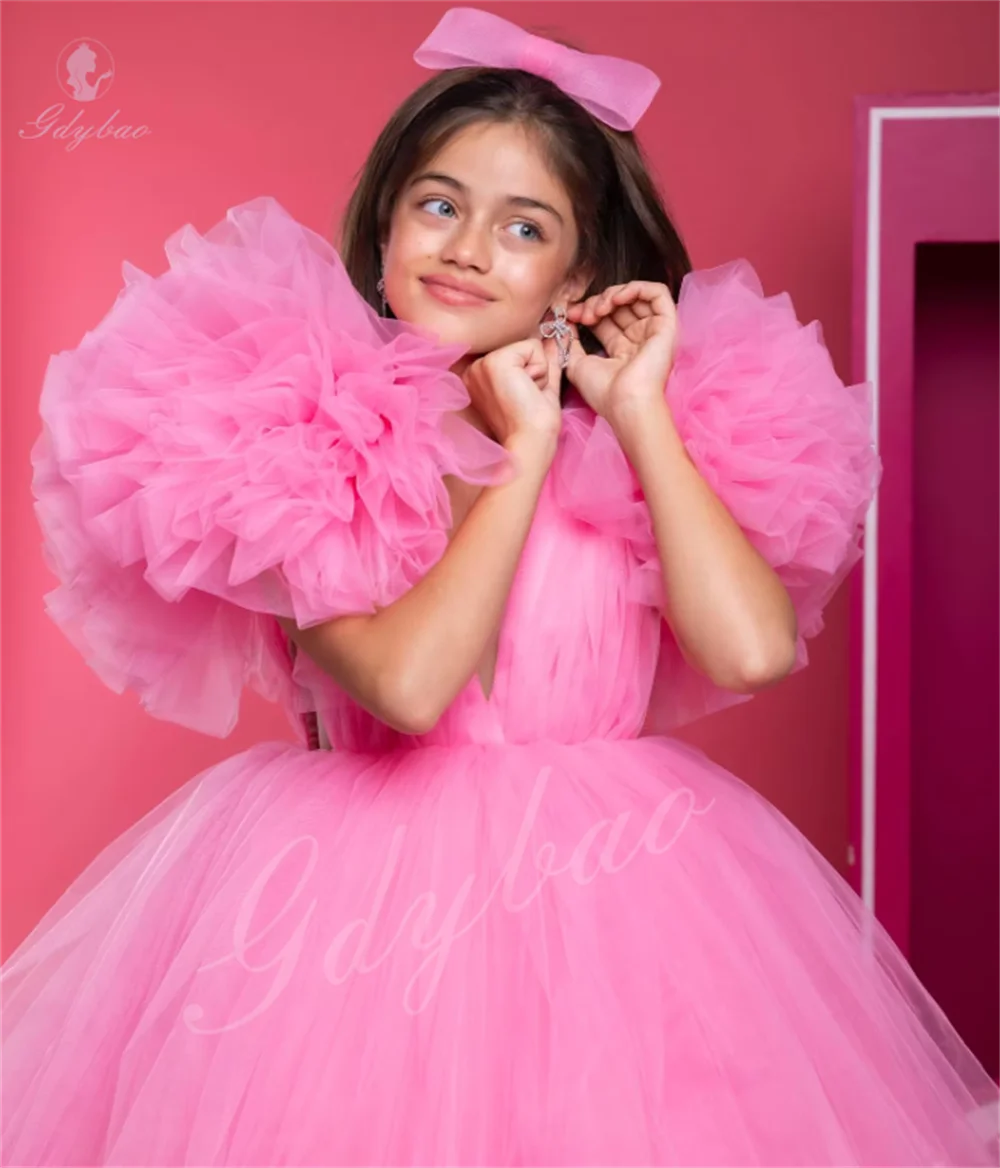 Pink Asymmetrical Length Flower Girl Dress With Puffy Sleeves For Children's First Communion Party Customizable Customizab