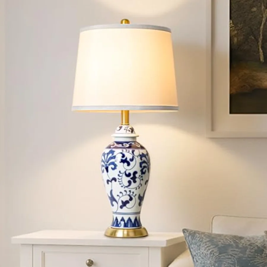Ceramic Table Lamps 26'' Blue and White lampChinoiserie Table Lamp Classic Blue and White Bedside Desk Nightstand Lamp for Livi