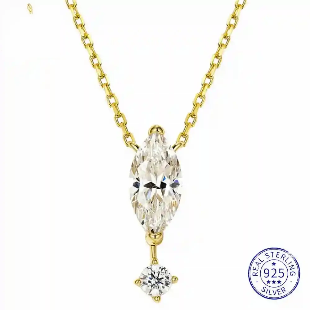 S925 Sterling Silver 18K Gold Plated Marquise Cut Sapphire & High Carbon Diamond Wedding Pendant Necklace Elegant Fine Jewelry