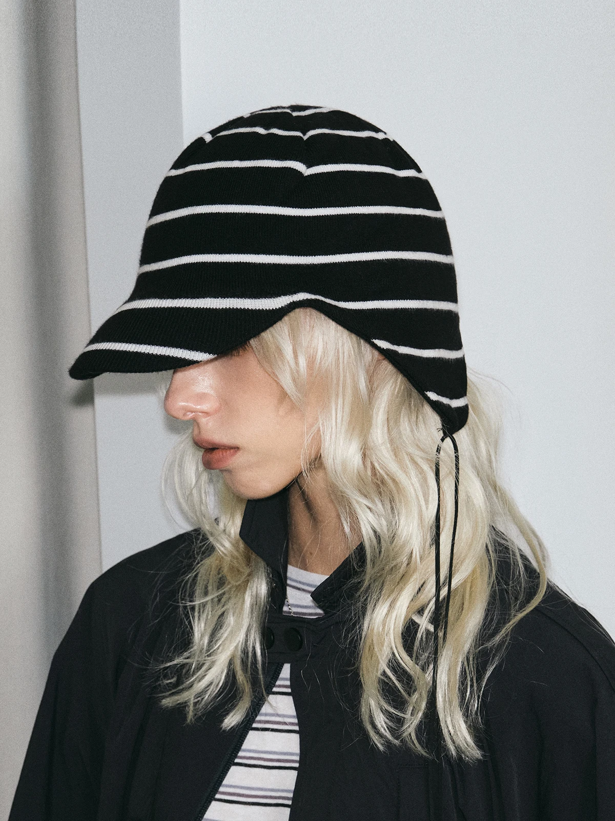 Japanese Style Winter Striped Knitted Women's Earmuffs Bomber Hat with Navy Stripes Winter Pilot Hat