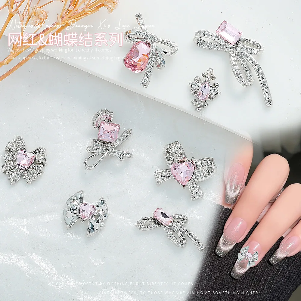 Alloy Nail Art Accessories Pink Bow Super Shiny Heart-Shaped Rhinestones Nail Decorations Wearable Nail Accessories Ins Style