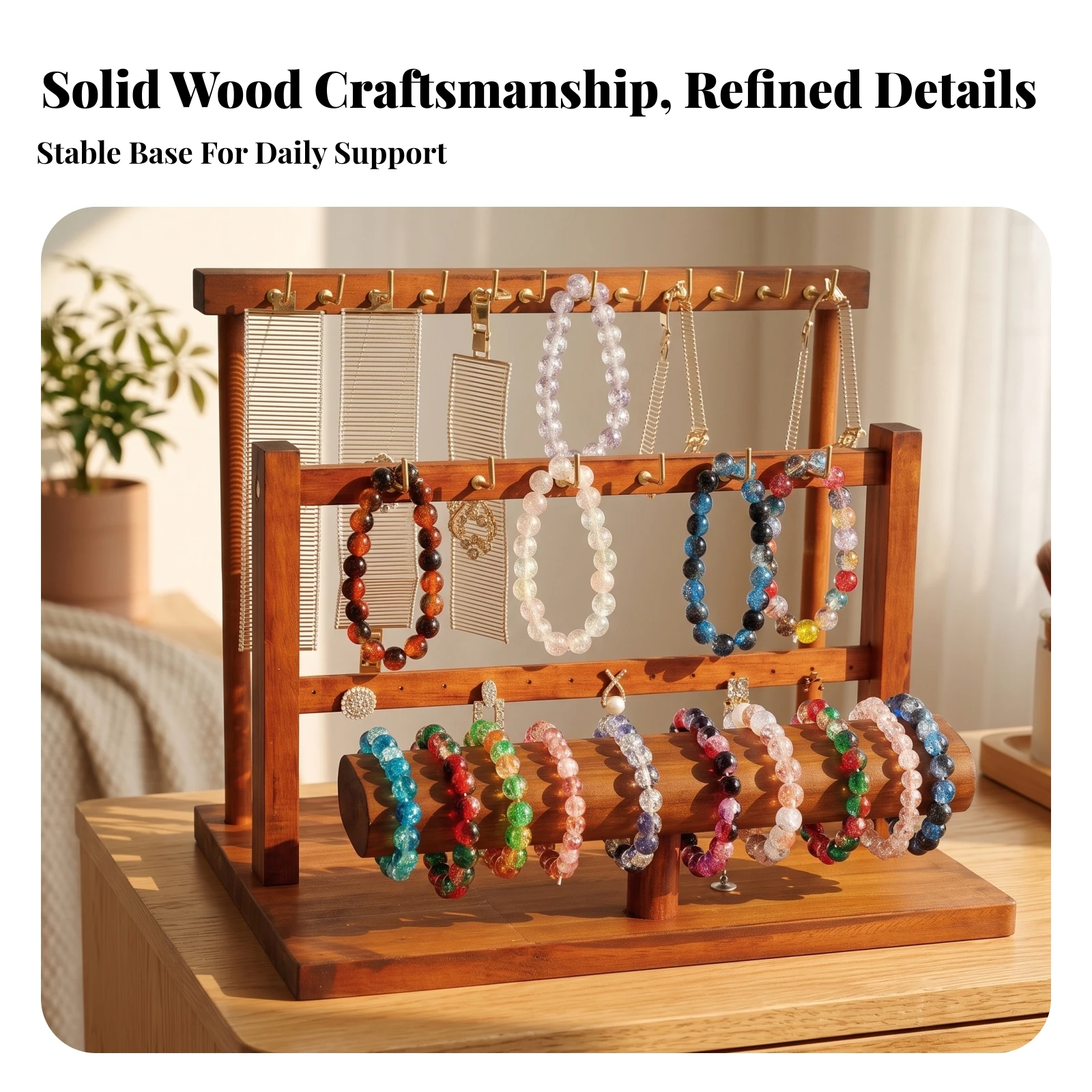Jewelry Display Rack with Hooks Three-Tier Jewelry Display Stand with Hooks Bracelet Holder with Bar Desktop for Dresser, Vanity