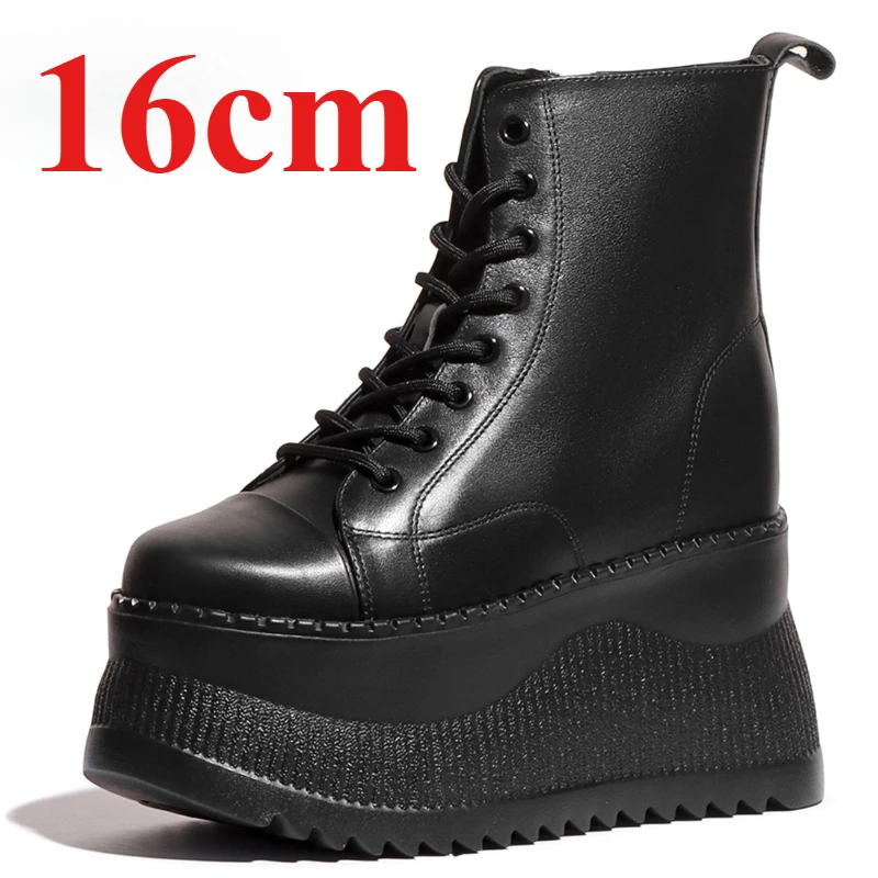 British 16cm Height Increasing Boots Shoes for Women's Spring/Autumn Genuine Leather Side Zipper Design Thick Soled Short Boots