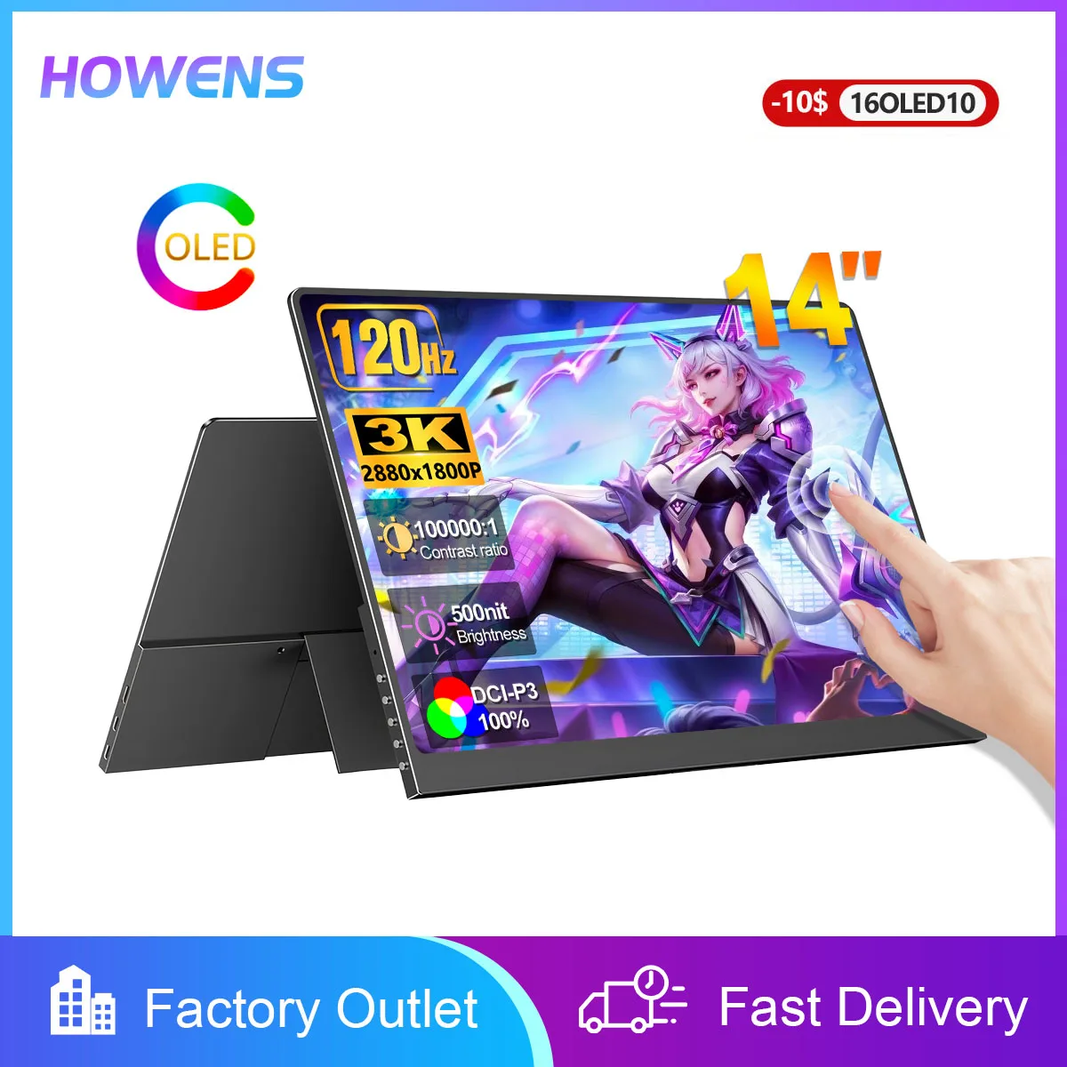 3K 2880x1800 OLED Touch Screen 14" 120Hz Gaming Monitor Portable Travel Display HDMI USB C For Laptop Mac Phone PS5 PS4 Mini PC