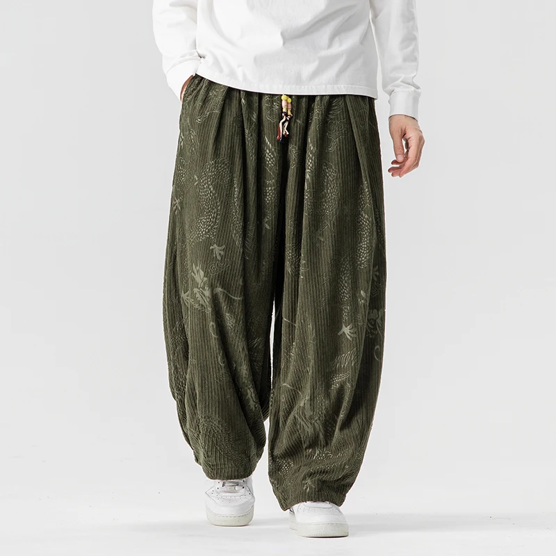 Winter Thick Corduroy Men Wide Leg Casual Pants Chinese Style Dragon Pattern Embroidery Straight Leg Pants Fashion Retro Trouser