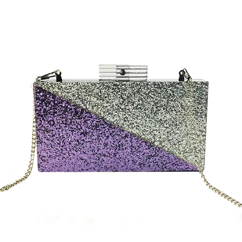 Luxury Brand Designer Handbag Acrylic Evening Bag Ladies Wallet Party Clutch Purse Silver Purple Sequin Chain Shoulder Crossbody