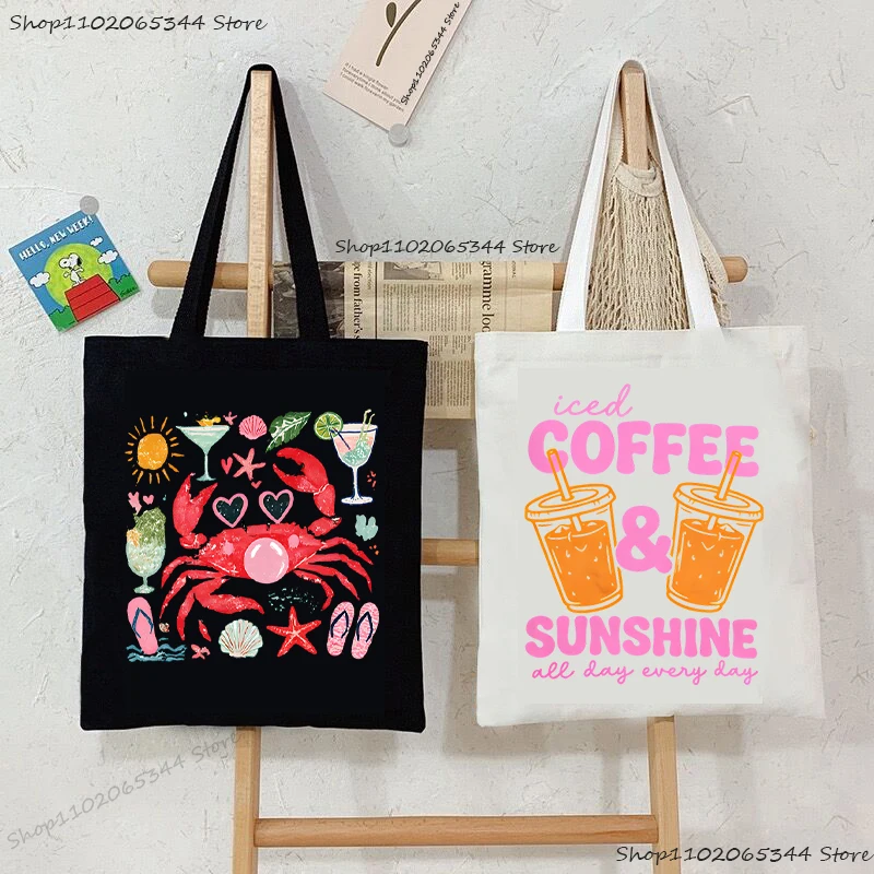 Cute Crab Beach Tote Bags Summer Vacation Women and Student Gifts Fun Tropical Cocktail Female Shoulder Bag Beach Handbags