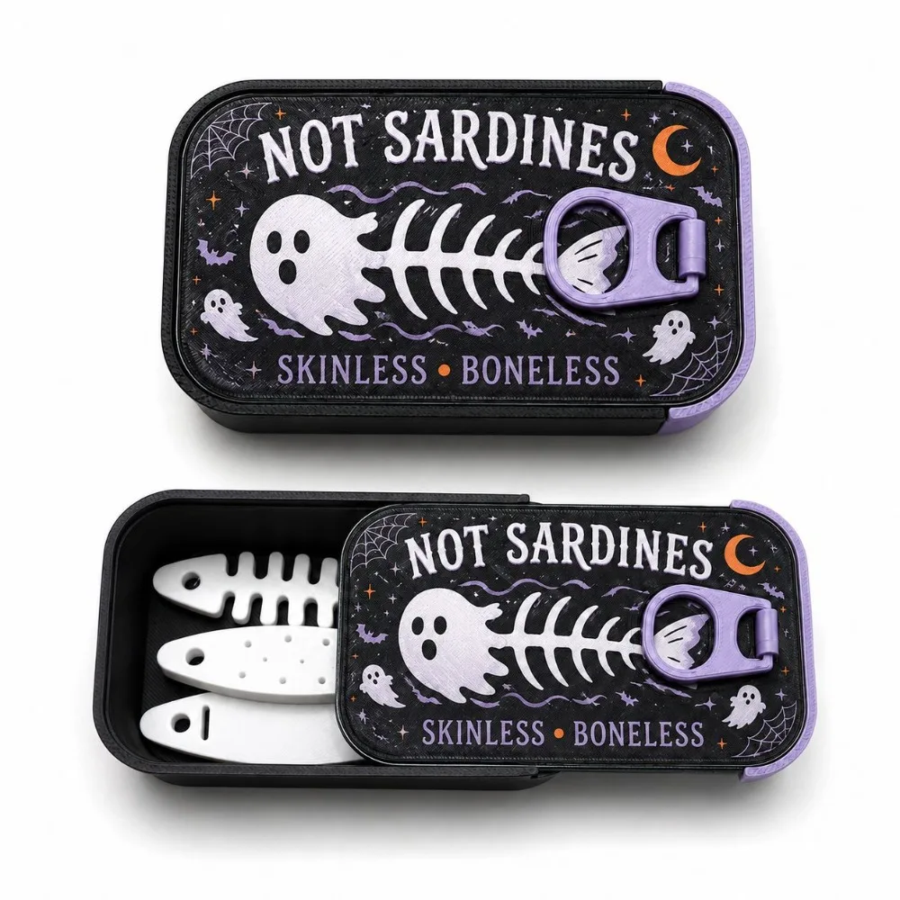 Fish Bone Insert Halloween Sardine Tin Jewelry Box Fish-Shaped Holders Tangled-Proof Pumpkin Ghost Trinket Box 3D Printed Gothic