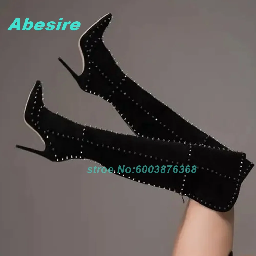Rivet Patchwork Zipper Over The Knee Boots Pointed Toe Stiletto Heels Solid Shoes for Women Casual Concise Fashion Shoes New