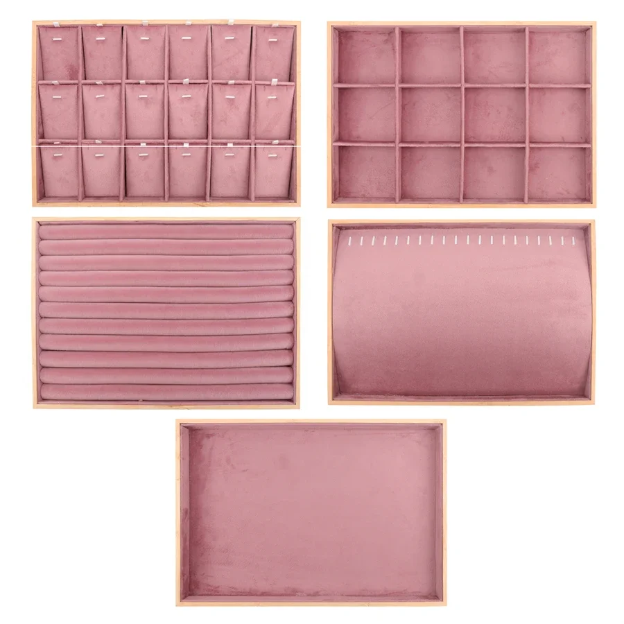 Bamboo and Wood Frame High Quality Pink Velvet Lined Grid Tray Pendant Tray Ring Tray Necklace Tray Empty Jewelry Storage Tray