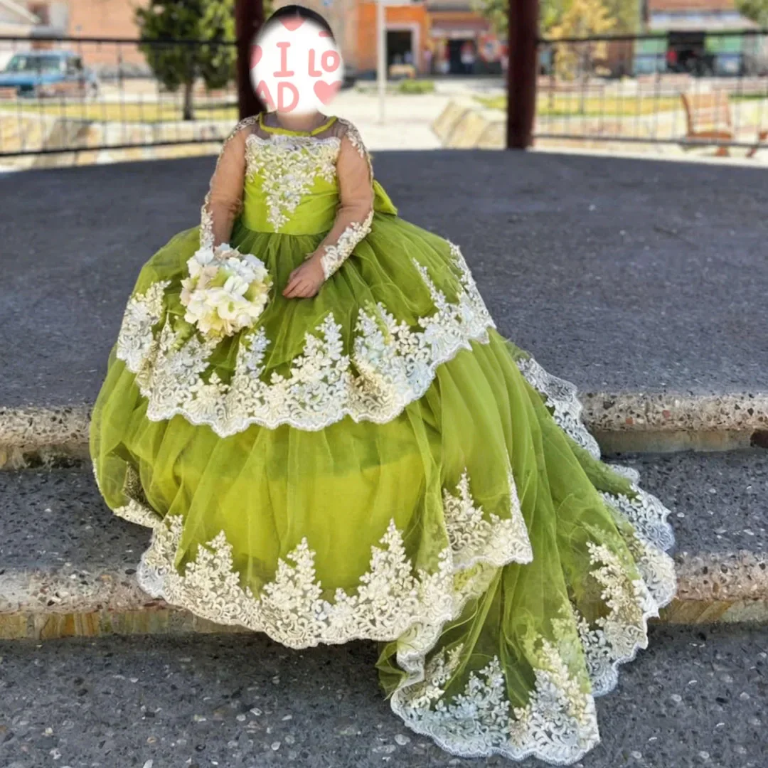 Custom Luxury Flower Girl Gown Wedding Birthday Pageant Catwalk Lace Green Tulle Long Train Kids  