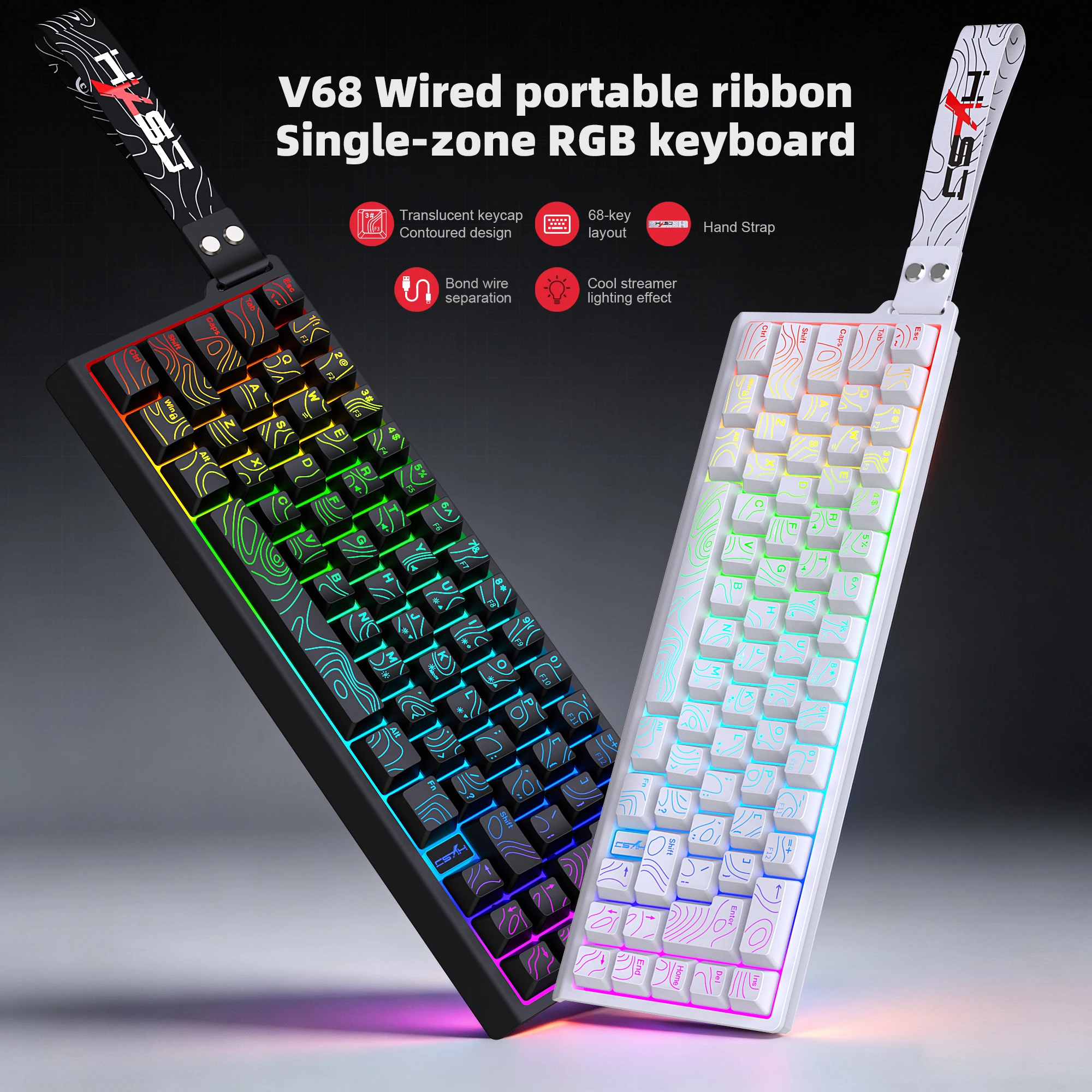 HXSJ V68 68-Key Wired Gaming Keyboard RGB Backlit Contour keycaps ABS for laptop Mac PC