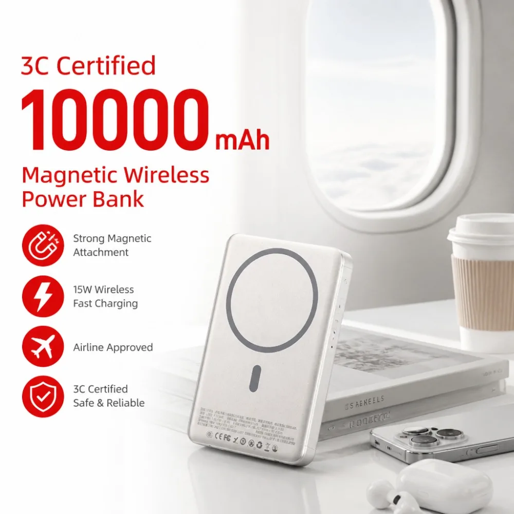 Magnetic Power Bank 10000mAh 3C Certified Wireless Charger, Fast Charging Battery Pack for iPhone Samsung All Smartphones