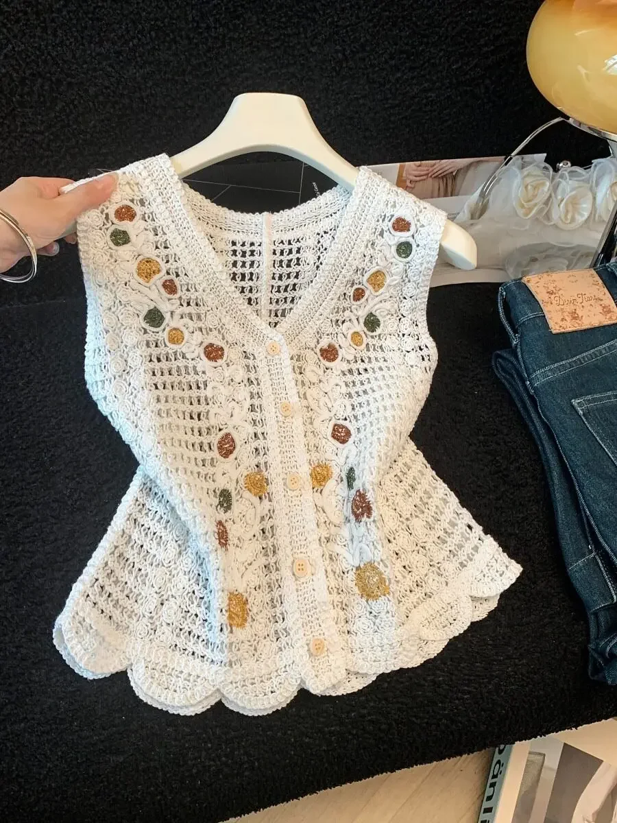 Embroidered Crochet Lace Vest Sleeveless V-Neck Button-down Open Knit Waistcoat Jacket Summer Tops Women Boho Beach Wear