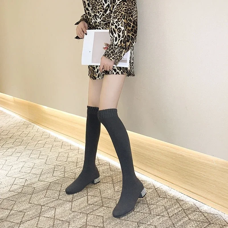 Trending Influencer Style Petite Women's Over The Knee Boots 2025 SS Slim Fit Rhinestone Stretch Booties Commuter Korean Version