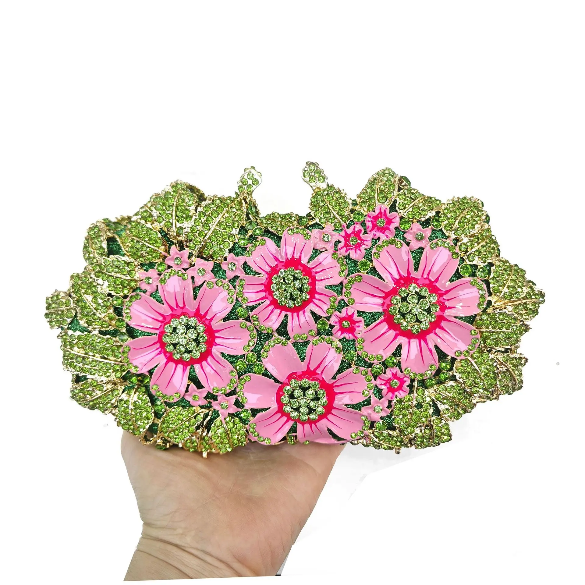 3D Pink Flower Crystal Clutch Green Purse Lady Evening Bags Diamond Handbag Women Metal Box Minaudiere Wedding Party Dinner Bags