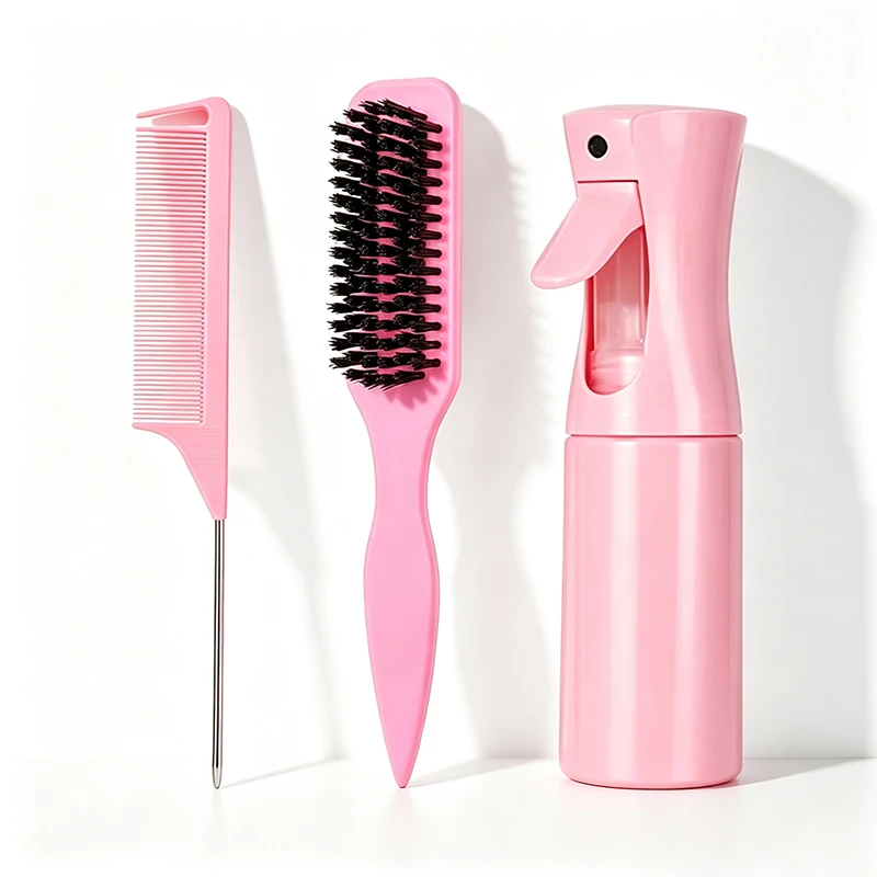 3Pcs Hair Styling Kit Nylon Brush Anti-Static Pin Comb 200ml Leakproof Mist Spray Home Salon Use