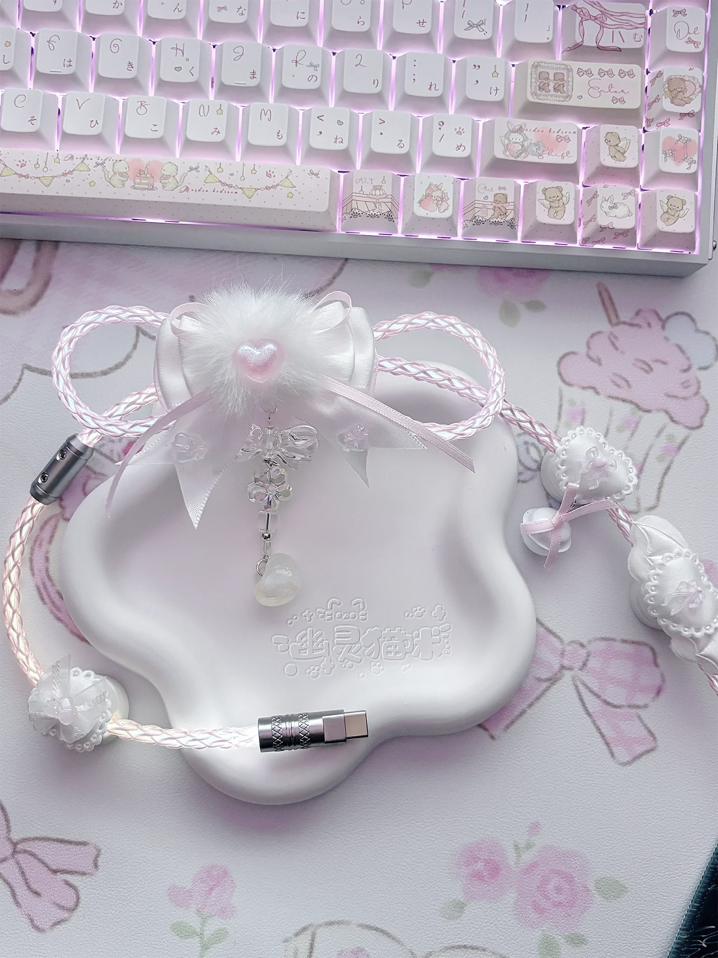 Custom Pink White Illuminated Aviator Plug Cable, Full-Section Glow Handmade Braided, 8K Magnetic Axis Compatible, Cute Original
