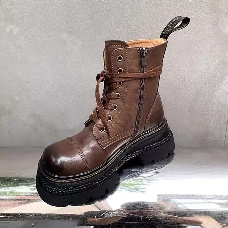 Platform Ankle Boots Women 2025 New Autumn Winter Motorcycle Boots Woman Thick Bottom Non Slip Leather Combat Boots