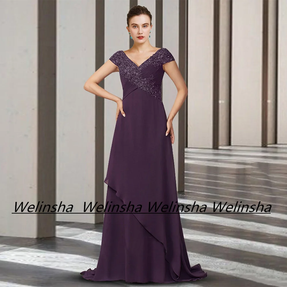 Purple Mother of The Bride Dress Cap Sleeve V Neck Beading Applique Chiffon A Line Wedding Guest Gown Evening Party Dresses