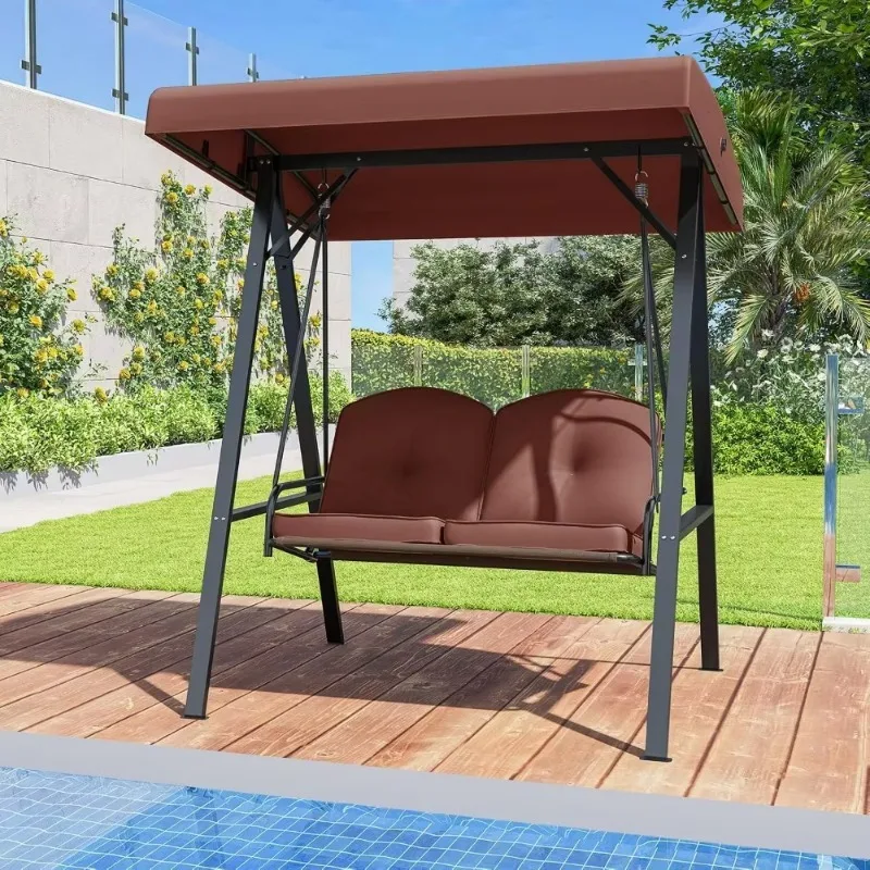 2 Person Patio Swing With Adjustable Canopy, Metal Frame And Cushion, Ideal For Outdoor Spaces