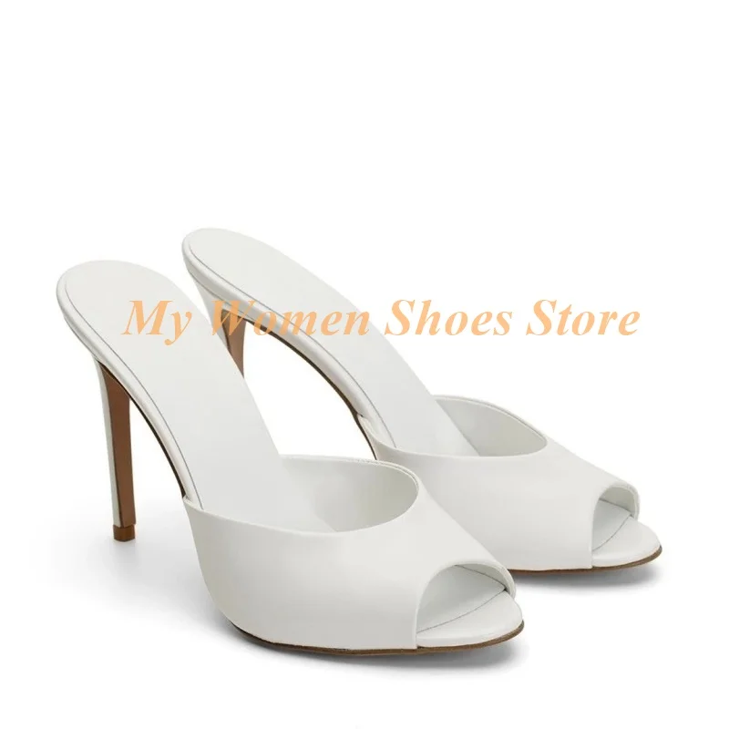 Leather Peep Toe Stiletto Heel Slippers Round Toe Shallow Slip On White Pink Black Handmade Real Picture Handmade Slides