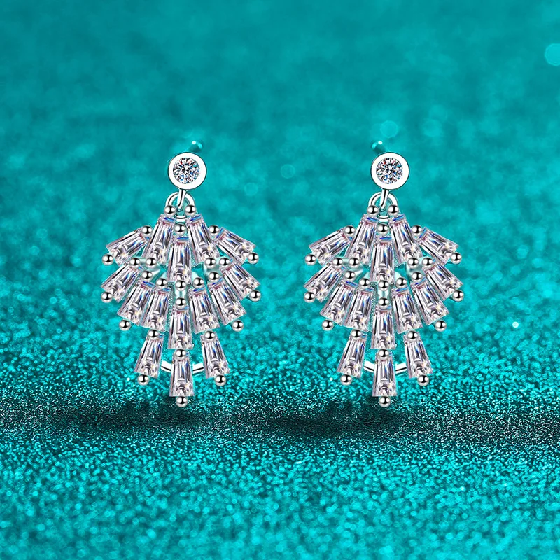 Elegant PT950 Platinum All Moissanite Stud Earrings for Women, Tassel Delicate Small Dress All Diamond Earrings