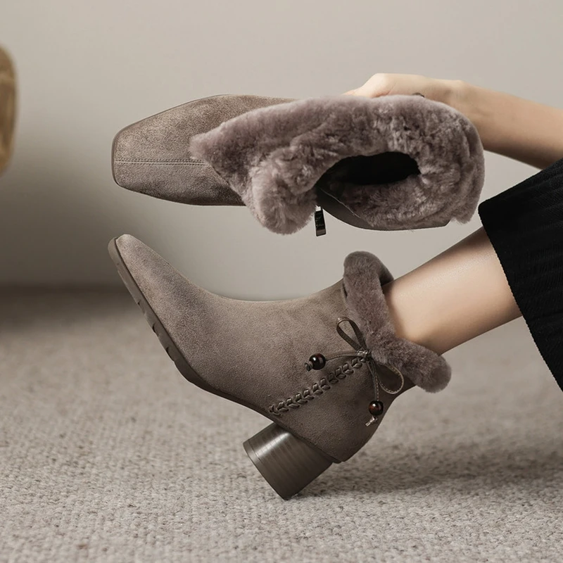 NEW Winter Women Boots Sheep Suede Leather Shoes for Women Square Toe Chunky Heel Shoes Zipper Ankle Boots Warm Wool Daily Shoes