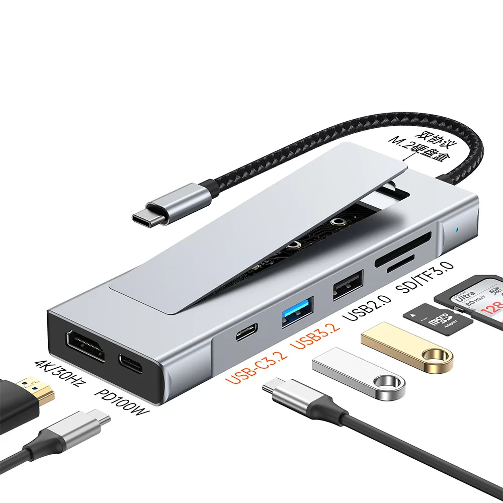 8-in-1 USB Hub M.2 NVMe SATA SSD Enclosure Storage USB3.2 Type-c to HDMI-Compatible Laptop Dock Station USB Adapter For Macbook