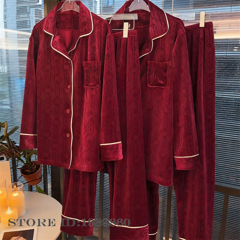 Island Velvet Couple Sleepwear Pajamas Set Autumn Winter Thicken Warm Pijamas Suit Lounge Wear Loose Casual Flannel Homewear