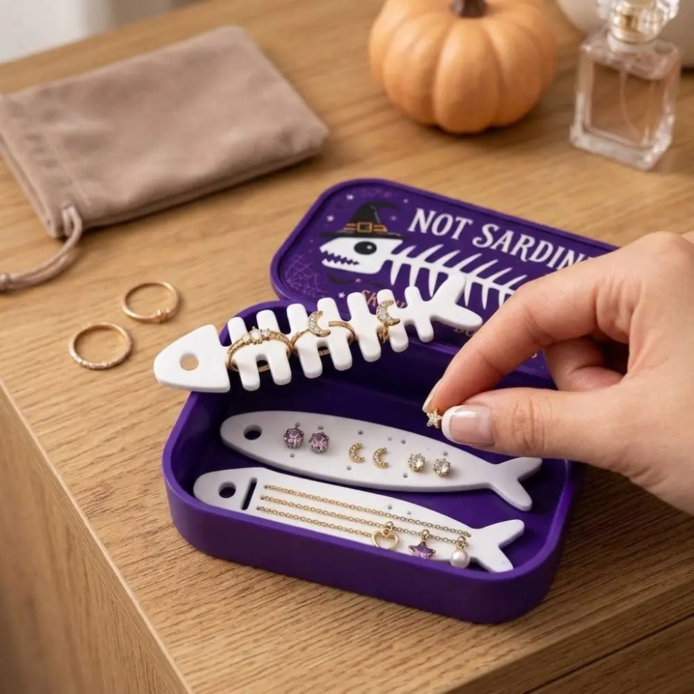 Fish Bone Insert Halloween Sardine Tin Jewelry Box Fish-Shaped Holders Gothic Pumpkin Ghost Trinket Box 3D Printed Dark Style