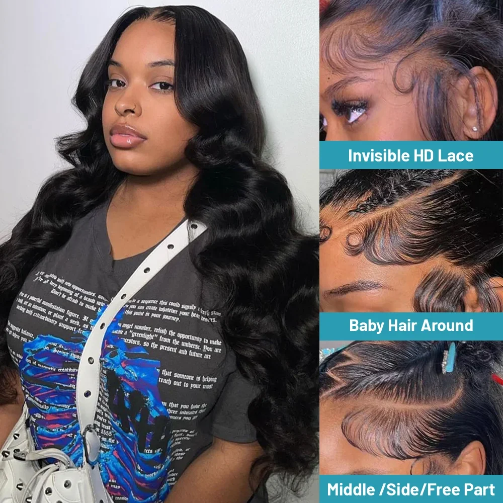 1B Human Hair Wigs Body Wave 220% Density 40 Inches 360 5x5 13x6 13x4 HD Transparent Lace Frontal Wig Black Natural Color Pre Plucked Brazilian Hair For Women
