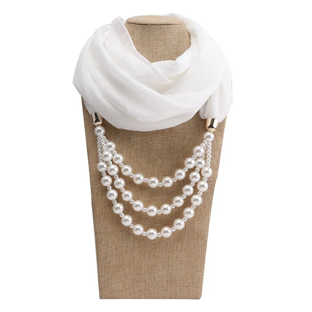 Chiffon Scarf Necklace Jewelry Layered Two-in-one Pearl Pendant Hijab Lightweight Faux-pearl Chiffon Head Wrap Party